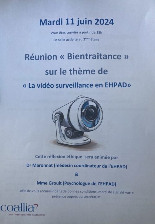 Réunion Bientraitance sur le thème de la surveillance en EHPAD organisée par le médecin coordinateur de la résidence Ehpad Les Larris Coallia le 11 juin 2024 à 15h au 2ème étage.